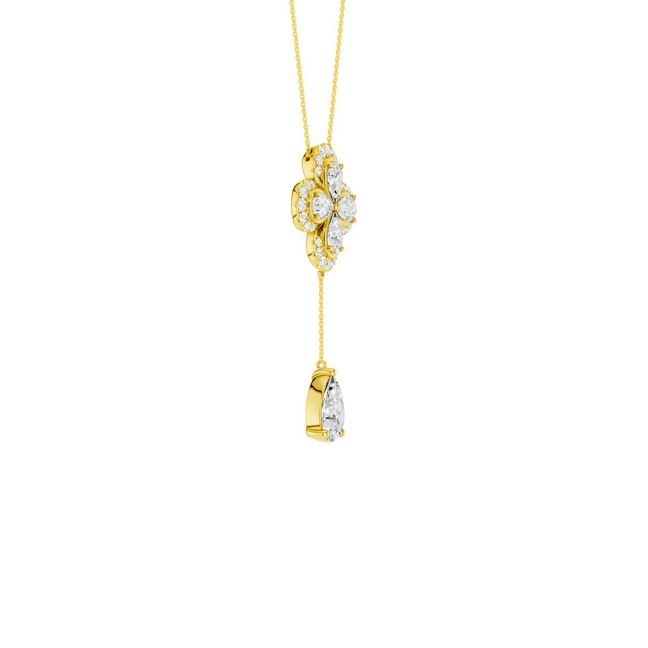 Side view of a yellow gold floral diamond necklace featuring a pear-cut diamond flower pendant with matching diamond accents along a delicate yellow gold chain.