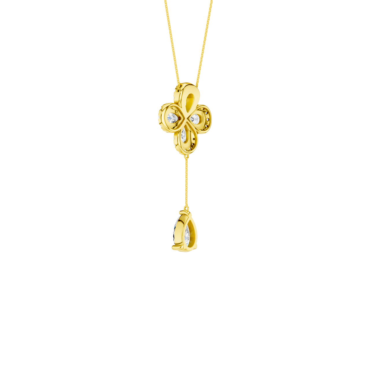 Front view of a yellow gold floral diamond necklace featuring a pear-cut diamond flower pendant with matching diamond accents along a delicate yellow gold chain.