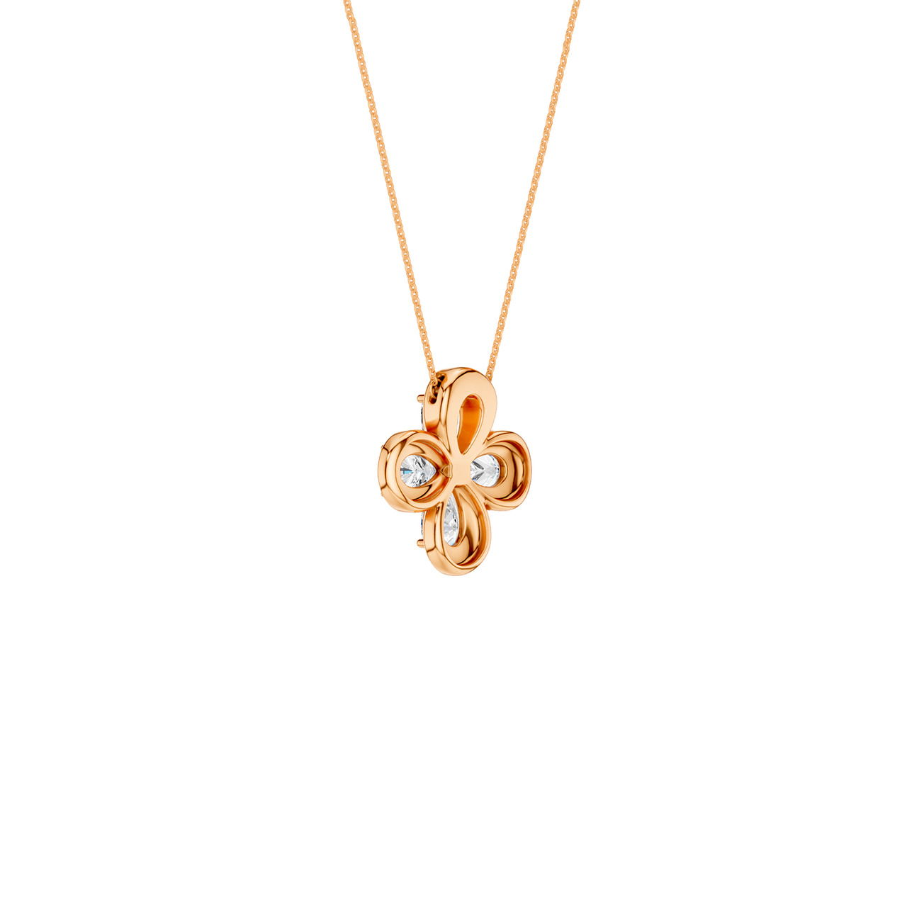 Back view of a rose gold floral diamond pendant necklace displaying polished metal backing and clean, modern construction.