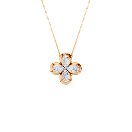 Front view of a rose gold floral diamond pendant necklace featuring marquise-cut white diamonds arranged in a four-petal flower design on a delicate chain.