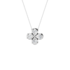 Front view of a white gold floral diamond pendant necklace featuring marquise-cut white diamonds arranged in a four-petal flower design on a delicate chain.