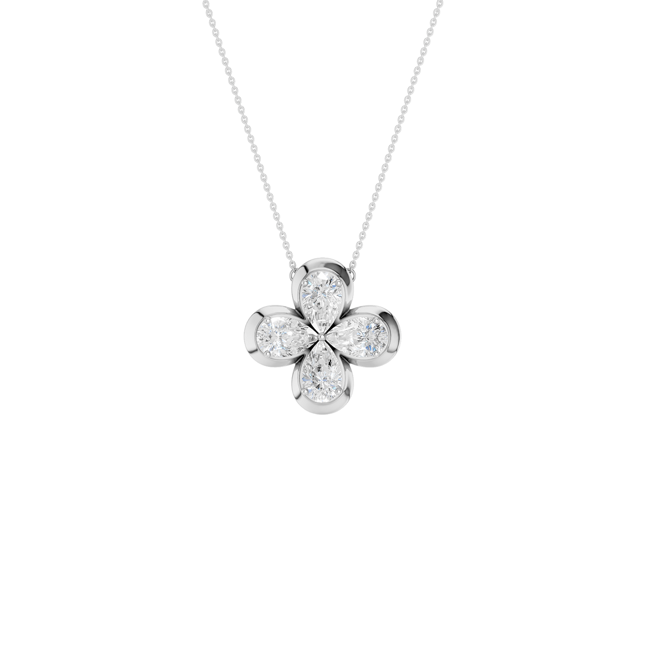 Front view of a white gold floral diamond pendant necklace featuring marquise-cut white diamonds arranged in a four-petal flower design on a delicate chain.