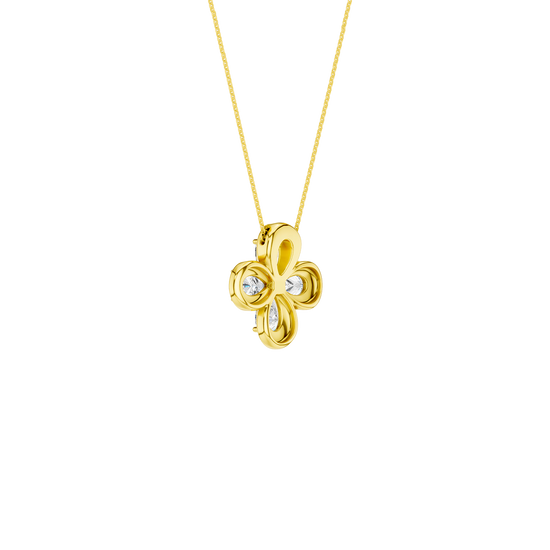 Back view of a yellow gold floral diamond pendant necklace displaying polished gold backing and clean, minimal detailing.