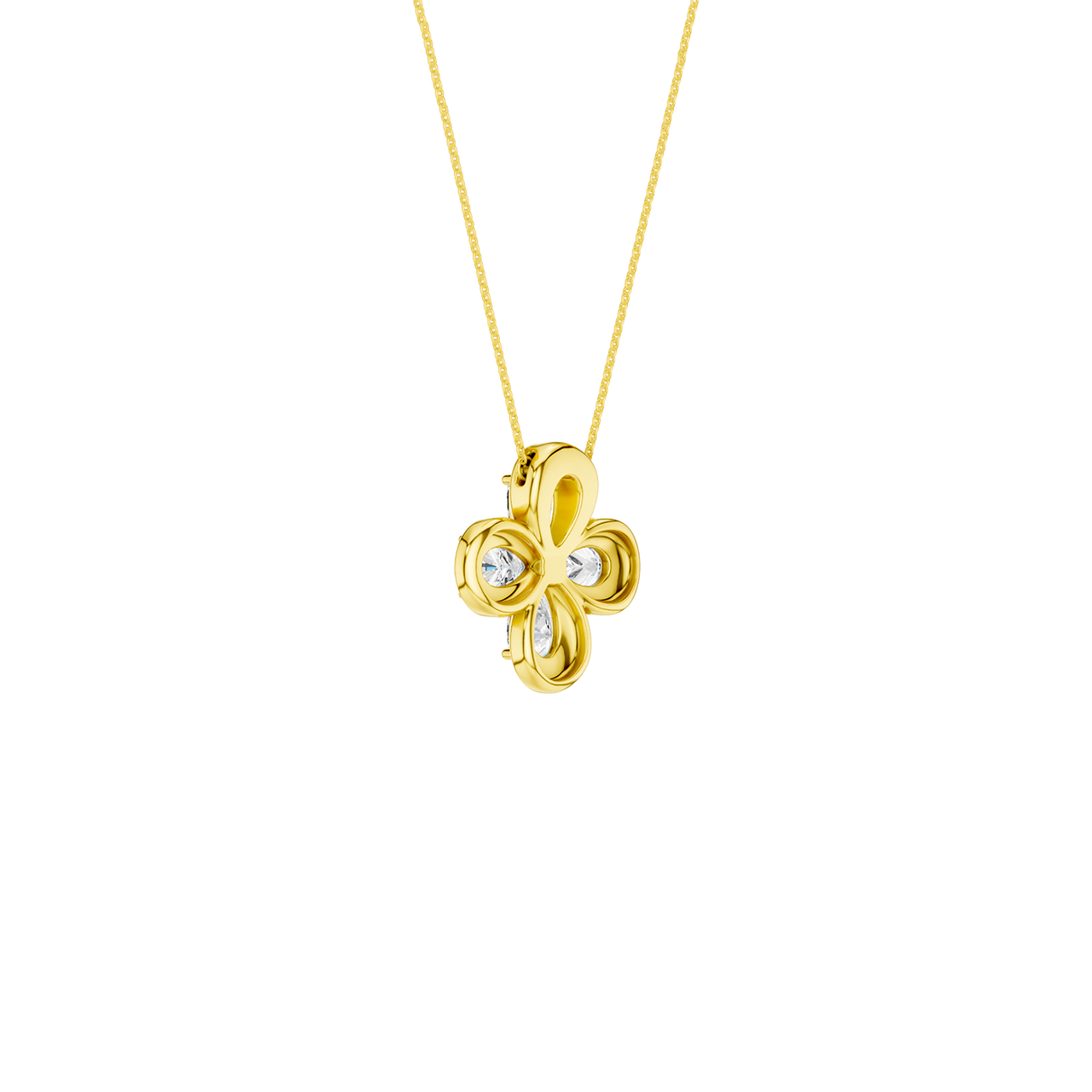 Back view of a yellow gold floral diamond pendant necklace displaying polished gold backing and clean, minimal detailing.