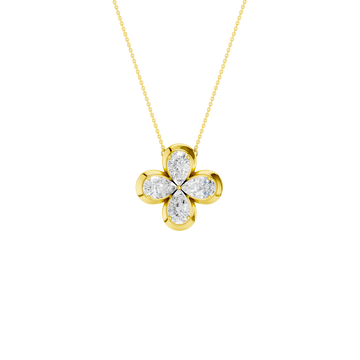Front view of a yellow gold floral diamond pendant necklace featuring marquise-cut white diamonds arranged in a four-petal flower design on a fine gold chain.