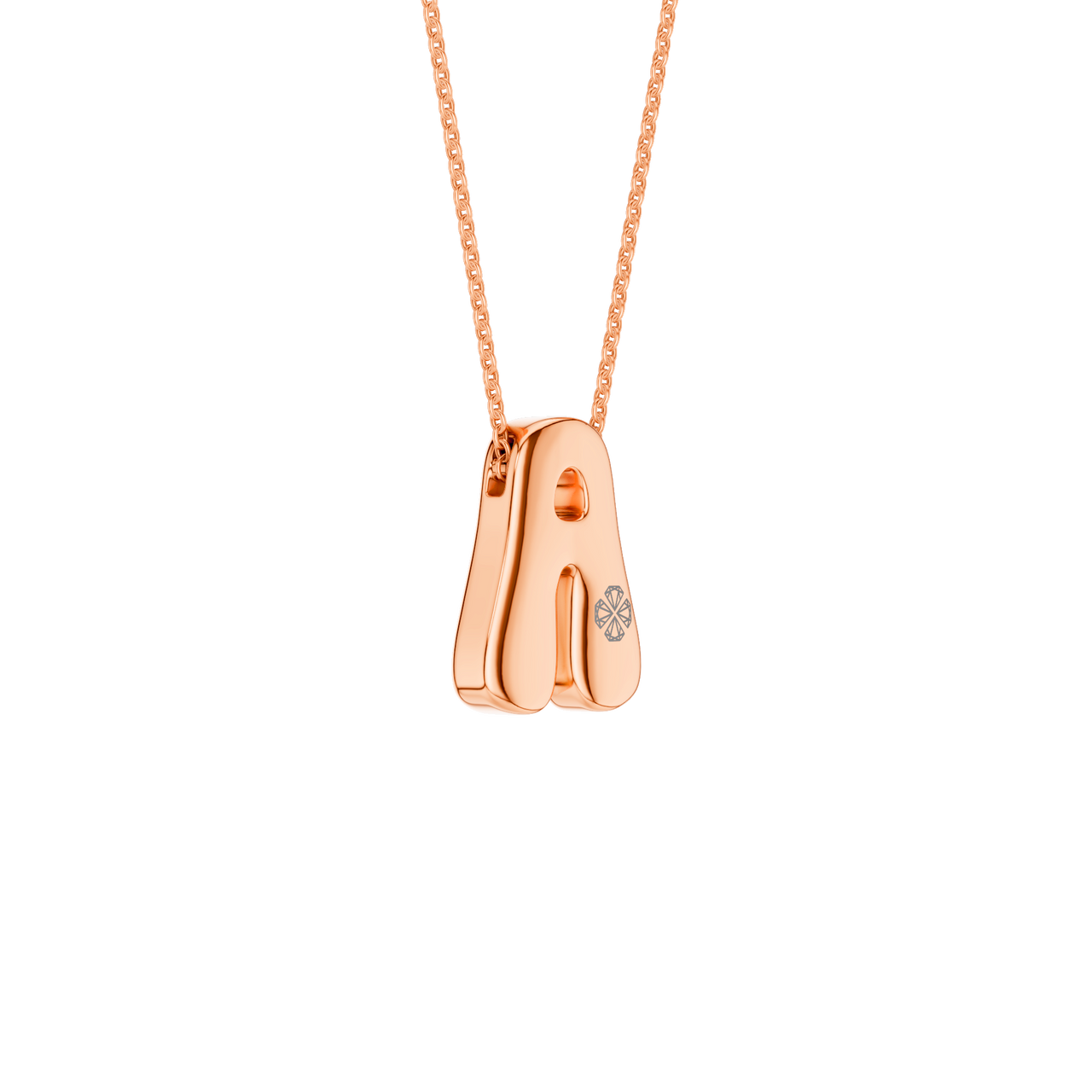 A high-polish 14k rose gold initial pendant by Amorati featuring star and geometric insets with shimmering round-cut lab-grown diamonds. Amorati’s signature F O U R T E E N T H Collection