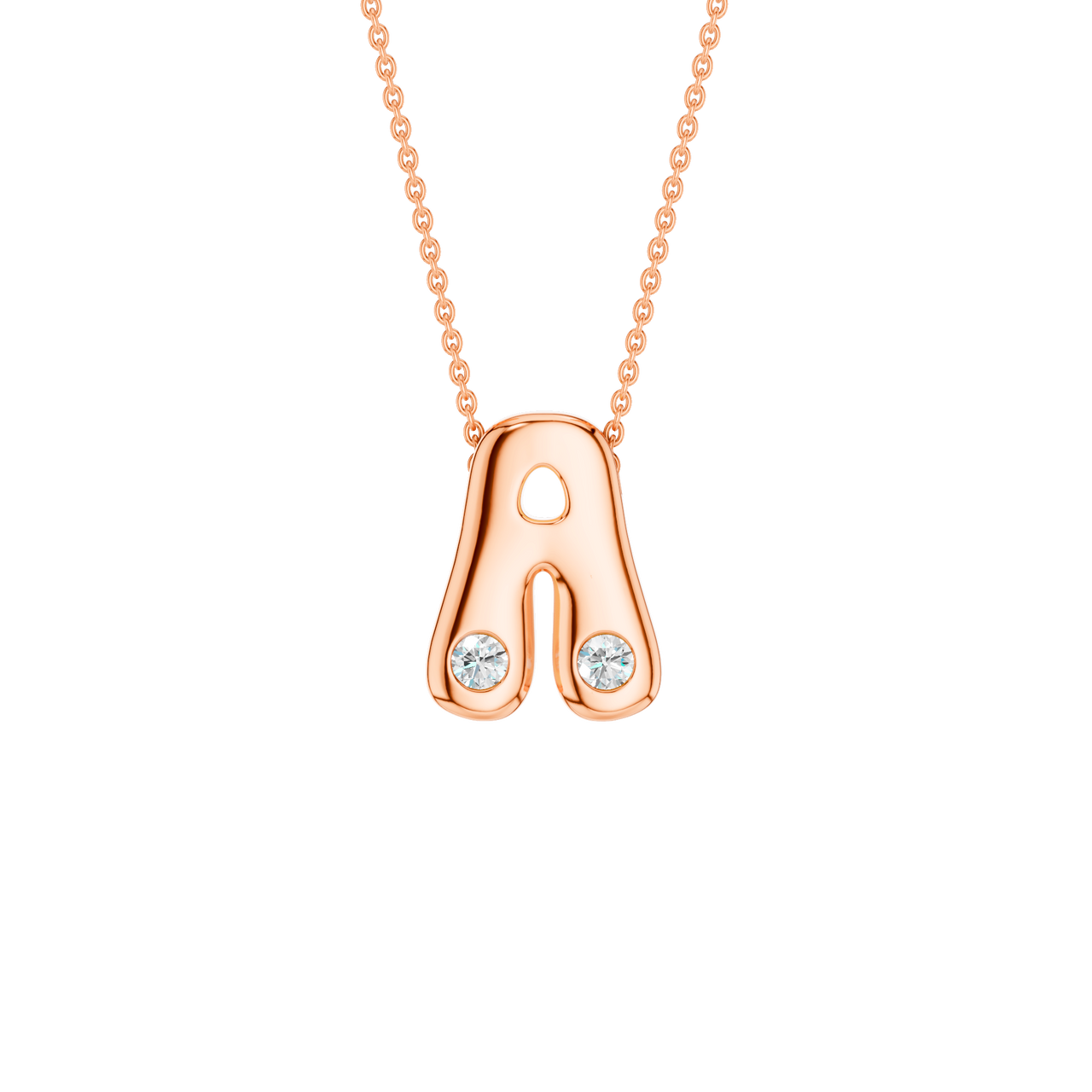 A high-polish 14k rose gold initial pendant by Amorati featuring star and geometric insets with shimmering round-cut lab-grown diamonds. Amorati’s signature F O U R T E E N T H Collection