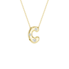 Modern 14k yellow gold bubble letter C initial necklace studded with three brilliant round-cut flush-set white diamonds on a delicate cable chain.