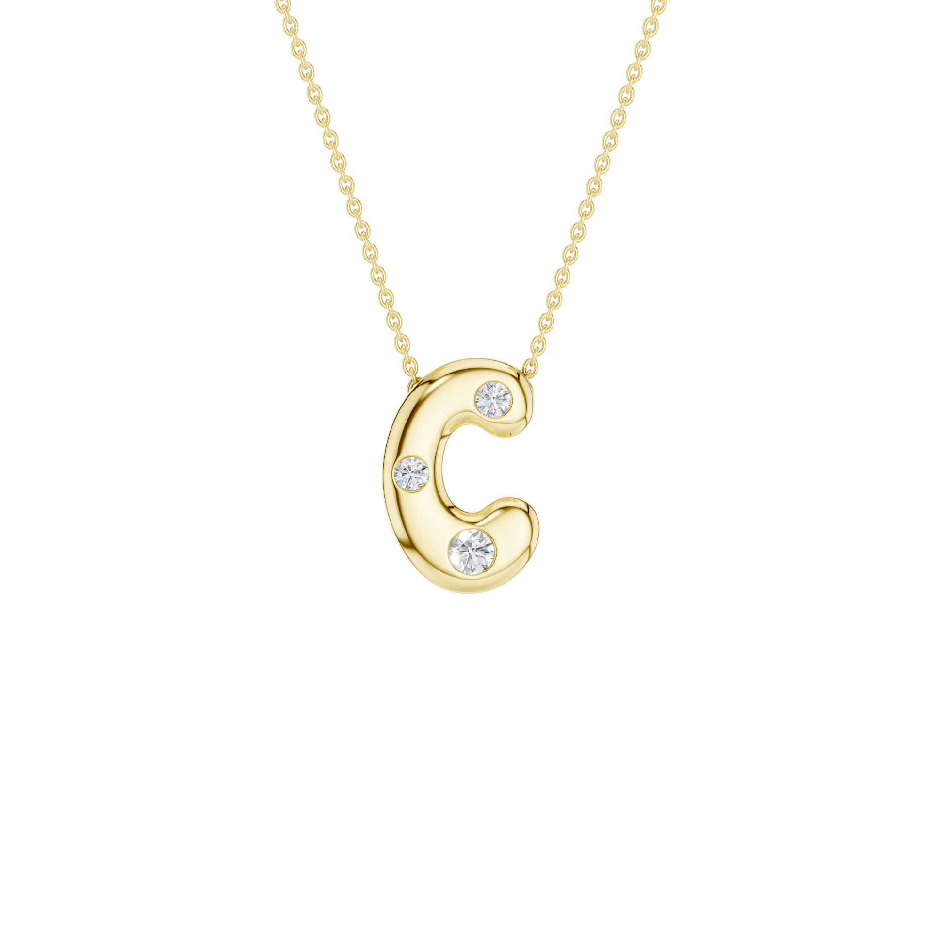 Modern 14k yellow gold bubble letter C initial necklace studded with three brilliant round-cut flush-set white diamonds on a delicate cable chain.