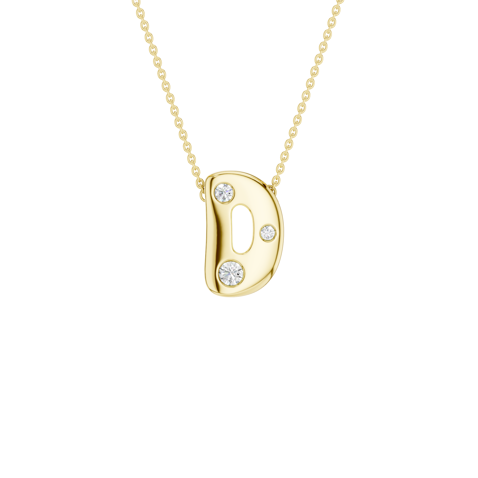 Modern 14k yellow gold bubble letter D initial necklace studded with three brilliant round-cut flush-set white diamonds on a delicate cable chain.