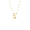 Modern 14k yellow gold bubble letter E initial necklace studded with four brilliant round-cut flush-set white diamonds on a delicate cable chain.