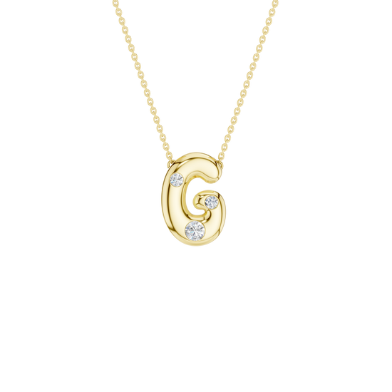 A product shot of a yellow gold necklace featuring a fine cable chain attached to the top curves of a smooth, bubble-font letter 'H' pendant. The polished gold 'H' is embellished with four sparkling, flush-set round diamonds: one on the middle left stem, one on the upper right stem, and one positioned at the bottom of each vertical stem.