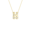A product shot of a yellow gold necklace featuring a fine cable chain attached to the top curves of a smooth, bubble-font letter 'H' pendant. The polished gold 'H' is embellished with four sparkling, flush-set round diamonds: one on the middle left stem, one on the upper right stem, and one positioned at the bottom of each vertical stem.