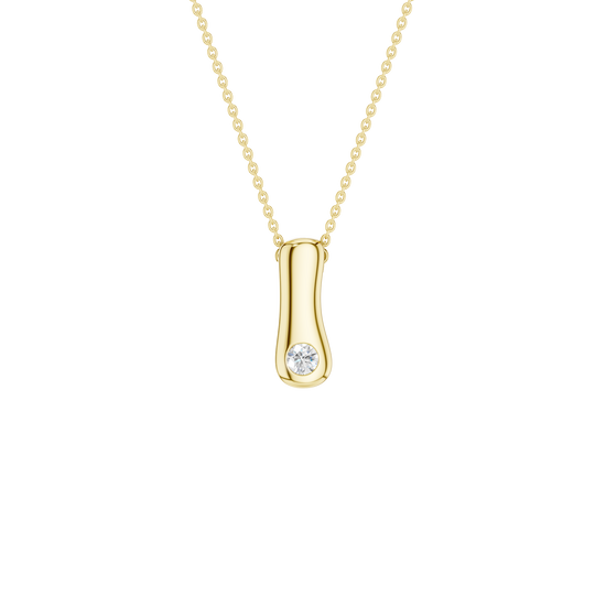 A product shot of a yellow gold necklace featuring a fine cable chain attached to the top edge of a smooth, bubble-font letter 'I' pendant. The polished gold 'I' is embellished with a single sparkling, flush-set round diamond positioned near the bottom of its vertical shape.