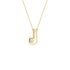 Modern 14k yellow gold bubble letter J initial necklace studded with two brilliant round-cut flush-set white diamonds on a delicate cable chain.