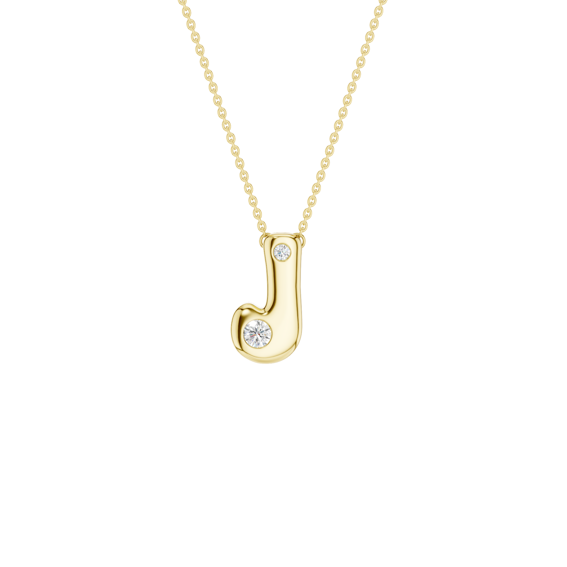 Modern 14k yellow gold bubble letter J initial necklace studded with two brilliant round-cut flush-set white diamonds on a delicate cable chain.