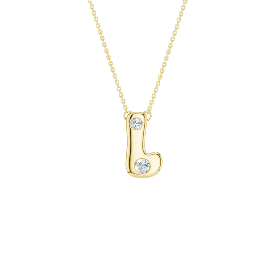 Modern 14k yellow gold bubble letter L initial necklace studded with two brilliant round-cut flush-set white diamonds on a delicate cable chain.