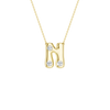 A product shot of a yellow gold necklace featuring a fine cable chain attached to the top curves of a smooth, bubble-font letter 'N' pendant. The polished gold 'N' is embellished with three sparkling, flush-set round diamonds: one placed on the upper left stem, one at the bottom left stem, and one at the bottom right stem.