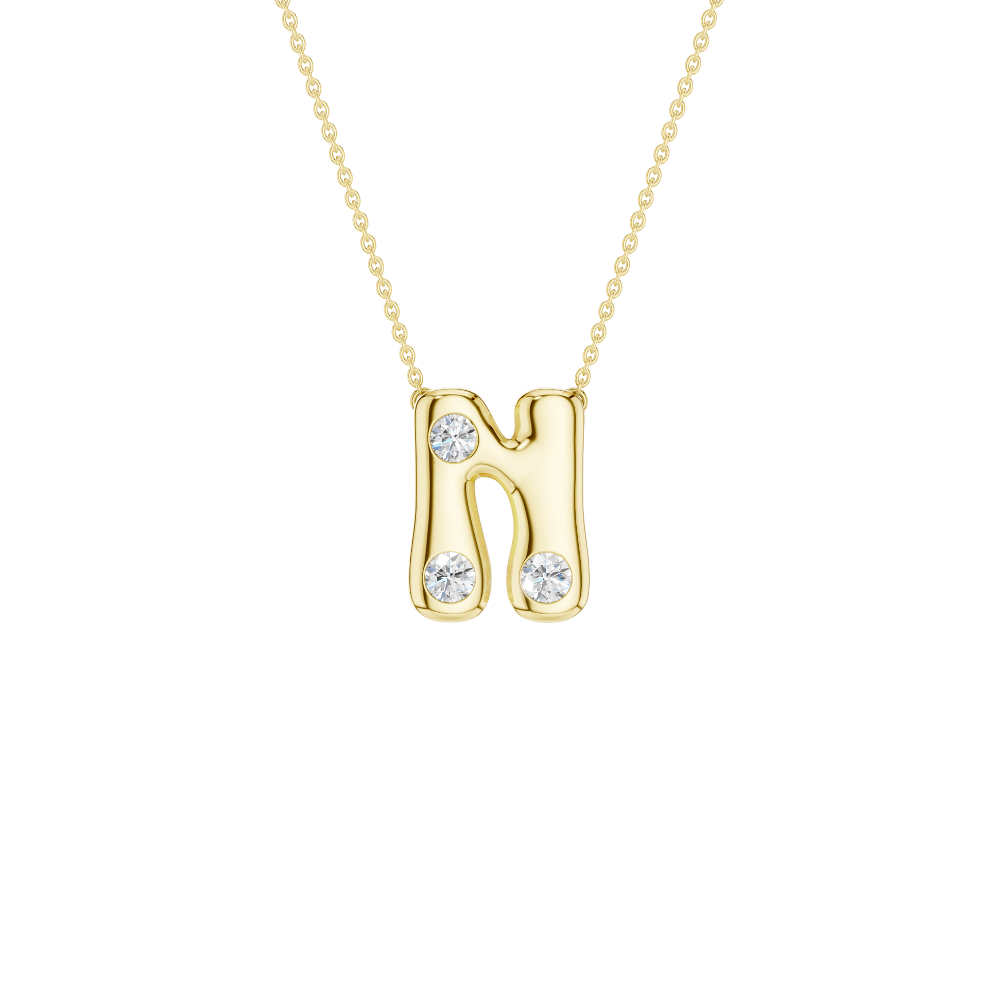 A product shot of a yellow gold necklace featuring a fine cable chain attached to the top curves of a smooth, bubble-font letter 'N' pendant. The polished gold 'N' is embellished with three sparkling, flush-set round diamonds: one placed on the upper left stem, one at the bottom left stem, and one at the bottom right stem.