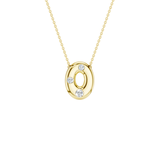 A product shot of a yellow gold necklace featuring a fine cable chain attached to the top edge of a smooth, bubble-font letter 'O' pendant. The polished gold 'O' is embellished with three sparkling, flush-set round diamonds placed around its circular shape: one on the top right, one on the middle left, and a slightly larger one positioned at the bottom curve.