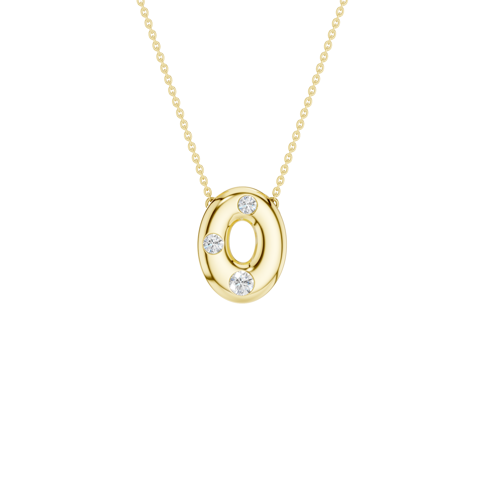 A product shot of a yellow gold necklace featuring a fine cable chain attached to the top edge of a smooth, bubble-font letter 'O' pendant. The polished gold 'O' is embellished with three sparkling, flush-set round diamonds placed around its circular shape: one on the top right, one on the middle left, and a slightly larger one positioned at the bottom curve.