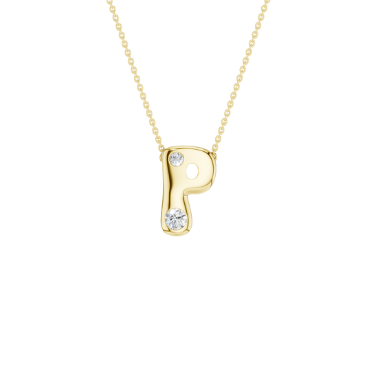 A product shot of a yellow gold necklace featuring a fine cable chain attached to the top edge of a smooth, bubble-font letter 'P' pendant. The polished gold 'P' is embellished with two sparkling, flush-set round diamonds: one placed on the upper left curve, and a slightly larger one positioned at the bottom of the vertical stem.