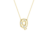 A product shot of a yellow gold necklace featuring a fine cable chain attached to the top edge of a smooth, bubble-font letter 'Q' pendant. The polished gold 'Q' is embellished with three sparkling, flush-set round diamonds placed along its circular curves, and features a small, rounded tail extending from the bottom right.