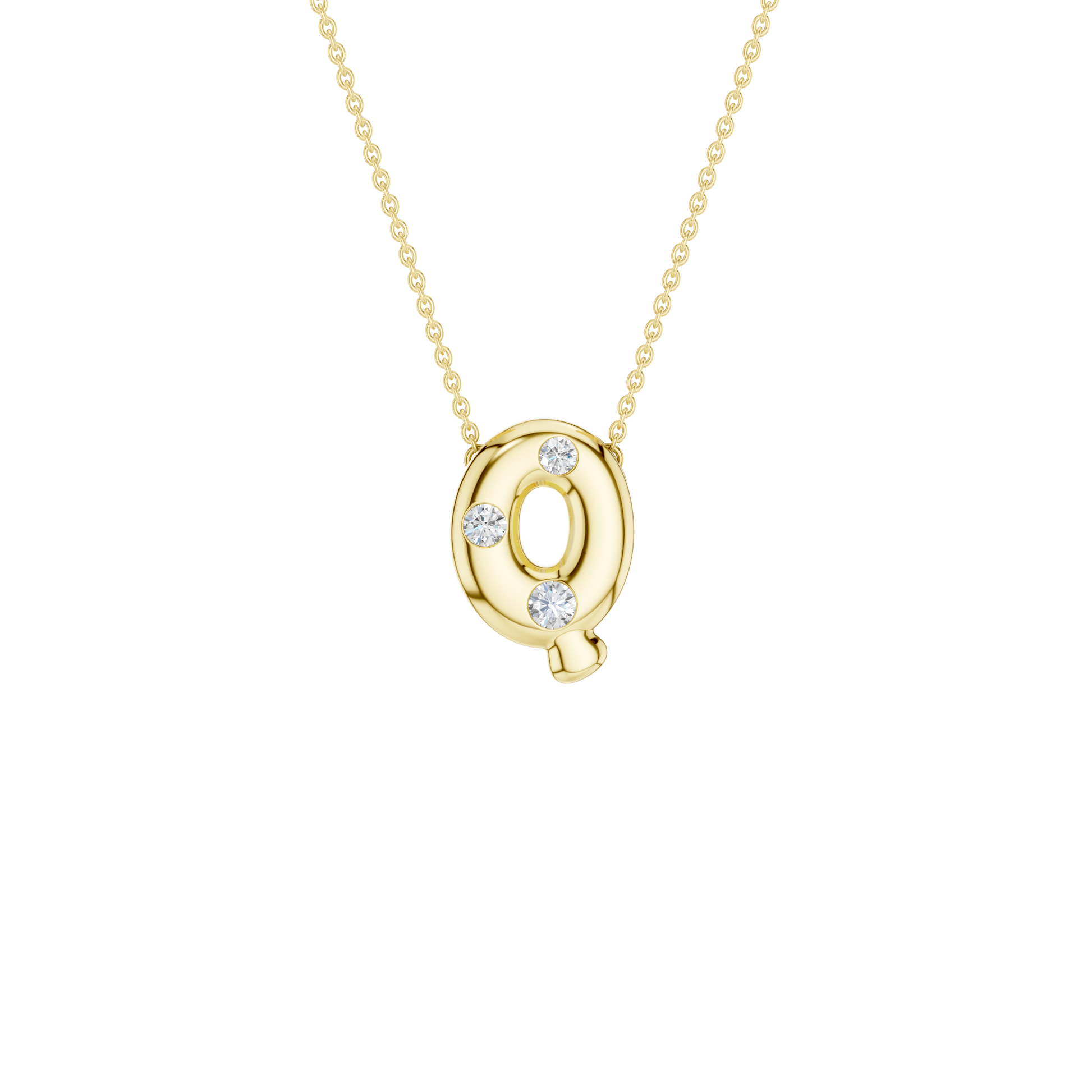 A product shot of a yellow gold necklace featuring a fine cable chain attached to the top edge of a smooth, bubble-font letter 'Q' pendant. The polished gold 'Q' is embellished with three sparkling, flush-set round diamonds placed along its circular curves, and features a small, rounded tail extending from the bottom right.