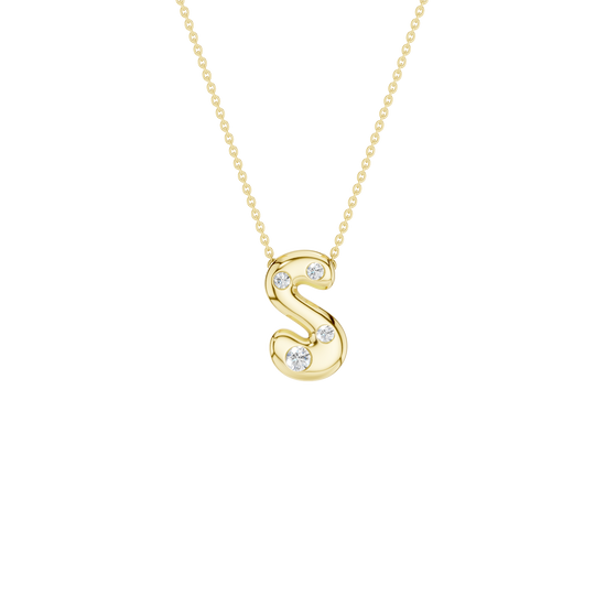 Modern 14k yellow gold bubble letter S initial necklace studded with four brilliant round-cut flush-set white diamonds on a delicate cable chain.