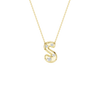 Modern 14k yellow gold bubble letter S initial necklace studded with four brilliant round-cut flush-set white diamonds on a delicate cable chain.