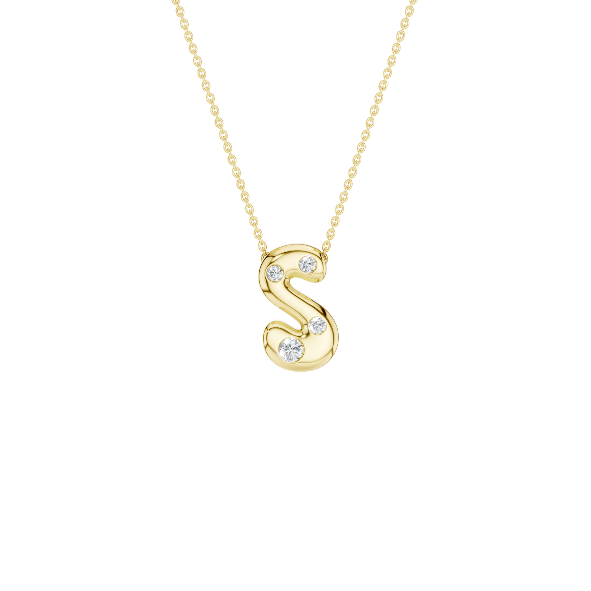 Modern 14k yellow gold bubble letter S initial necklace studded with four brilliant round-cut flush-set white diamonds on a delicate cable chain.