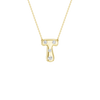 A product shot of a yellow gold necklace featuring a fine cable chain attached to the top edge of a smooth, bubble-font letter 'T' pendant. The polished gold 'T' is embellished with four sparkling, flush-set round diamonds: two placed along the top horizontal bar, and two spaced descending down the central vertical stem.