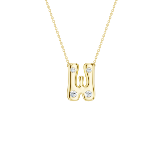 A product shot of a yellow gold necklace featuring a fine cable chain attached to the top peaks of a smooth, bubble-font letter 'W' pendant. The polished gold 'W' is embellished with four sparkling, flush-set round diamonds strategically placed along its rounded peaks and curves.