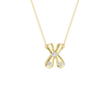A product shot of a yellow gold necklace featuring a fine cable chain attached to the top arms of a smooth, bubble-font letter 'X' pendant. The polished gold 'X' is embellished with three sparkling, flush-set round diamonds: one situated perfectly in the center cross, and one on each of the bottom legs.