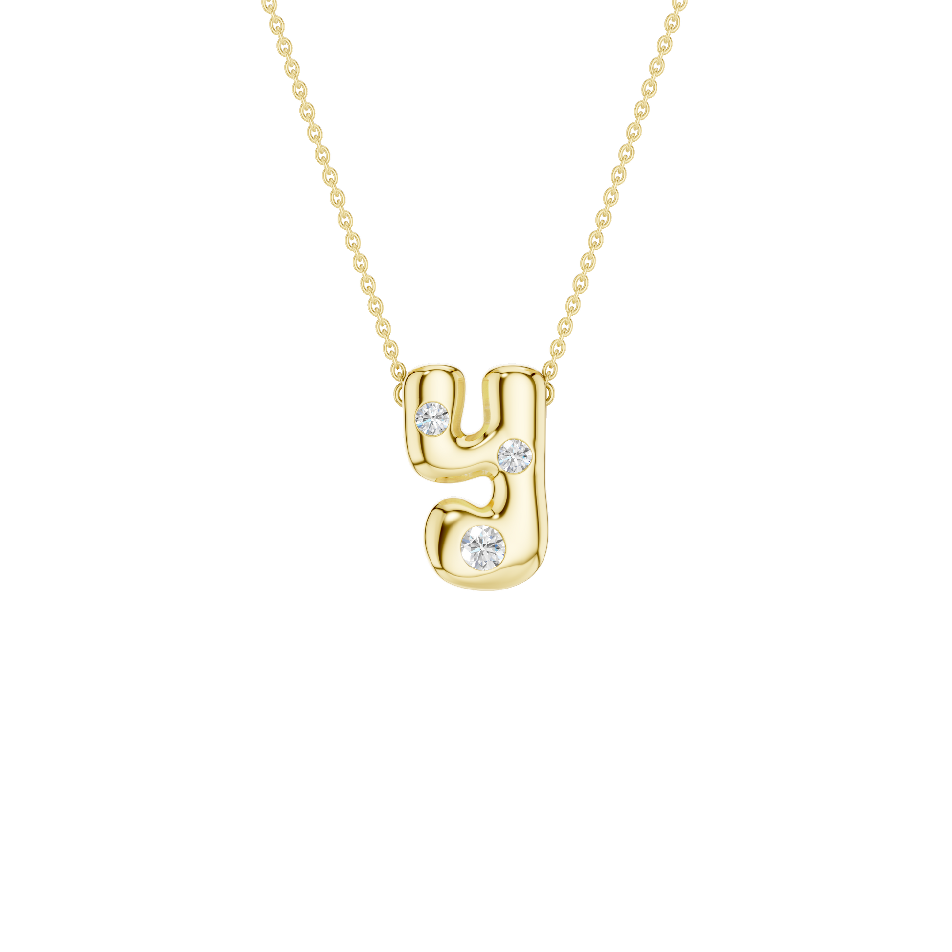 A product shot of a yellow gold necklace featuring a fine cable chain attached to a smooth, bubble-font lowercase letter 'Y' pendant. The polished gold 'Y' is embellished with three sparkling, flush-set round diamonds placed along its curves.