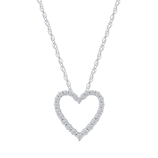Zoomed in front view of a petite diamond heart pendant necklace in white gold, featuring a smaller open-heart silhouette outlined with brilliant-cut diamonds on a fine chain.