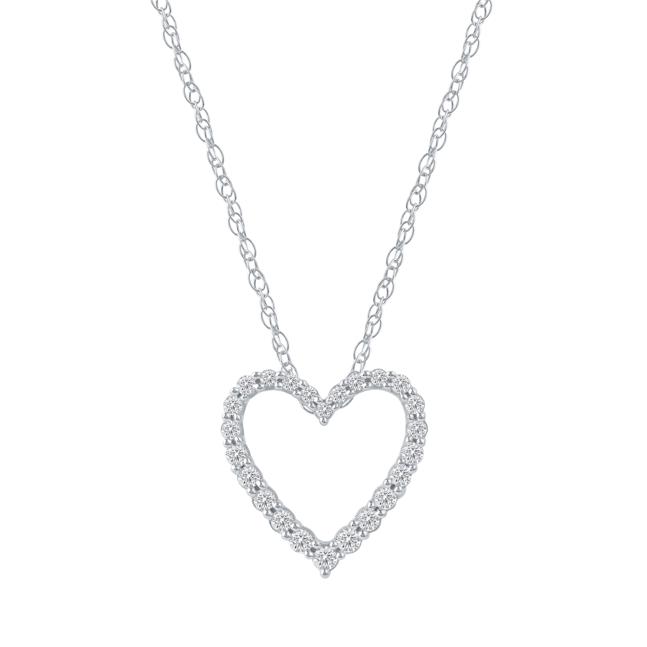 Zoomed in front view of a petite diamond heart pendant necklace in white gold, featuring a smaller open-heart silhouette outlined with brilliant-cut diamonds on a fine chain.