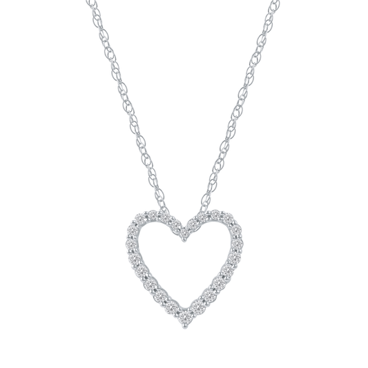 Zoomed in front view of a petite diamond heart pendant necklace in white gold, featuring a smaller open-heart silhouette outlined with brilliant-cut diamonds on a fine chain.