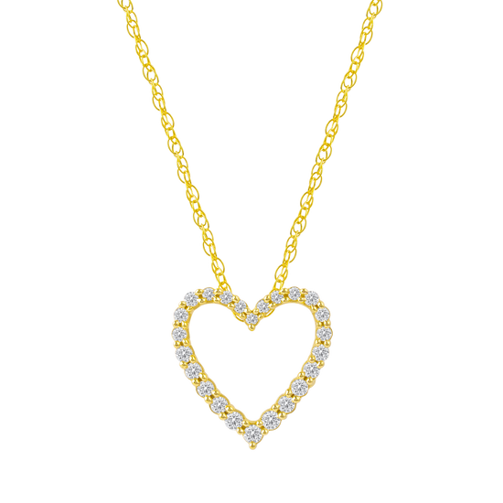 Zoomed in front view of a petite diamond heart pendant necklace in yellow gold, featuring a smaller open-heart design outlined with sparkling diamonds.