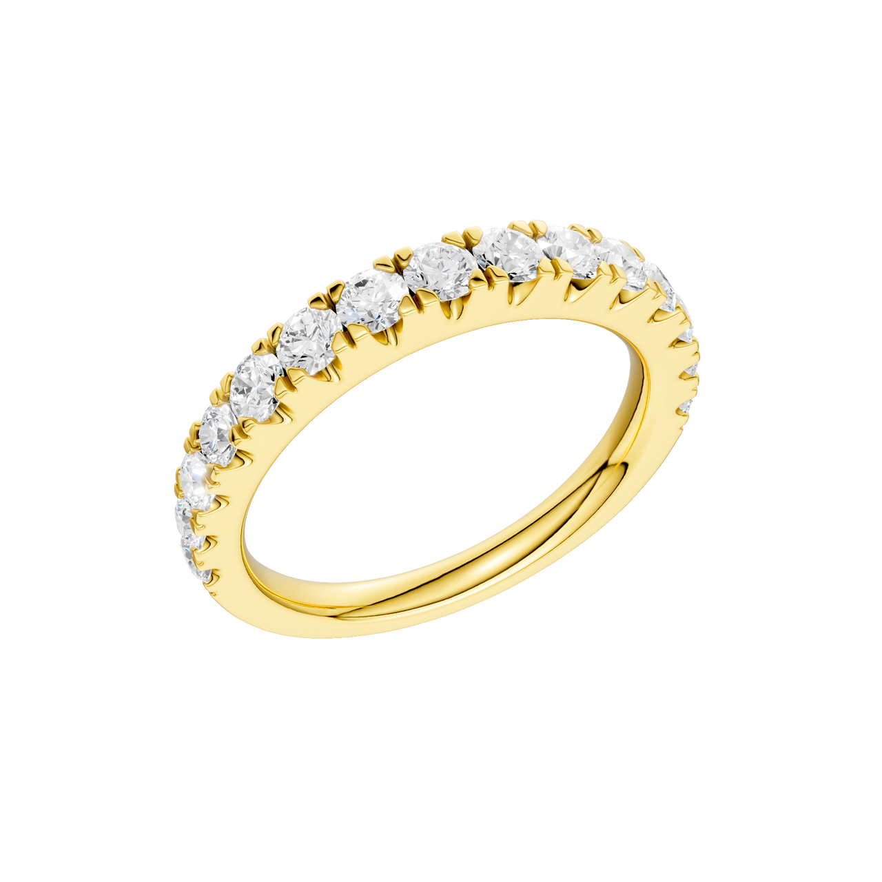 A sophisticated 14k yellow gold wedding band featuring 0.75 total carats of round-cut lab-grown diamonds in a classic 2/3 eternity setting.