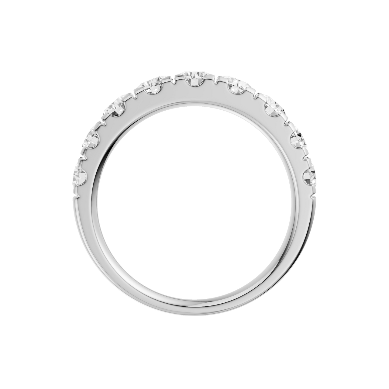 A modern 14k white gold channel-set ring showcasing a continuous row of premium round-cut lab-grown diamonds.