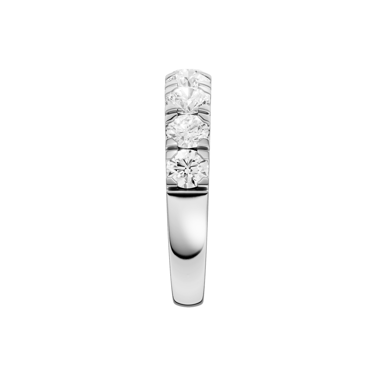 A modern 14k white gold channel-set ring showcasing a continuous row of premium round-cut lab-grown diamonds.