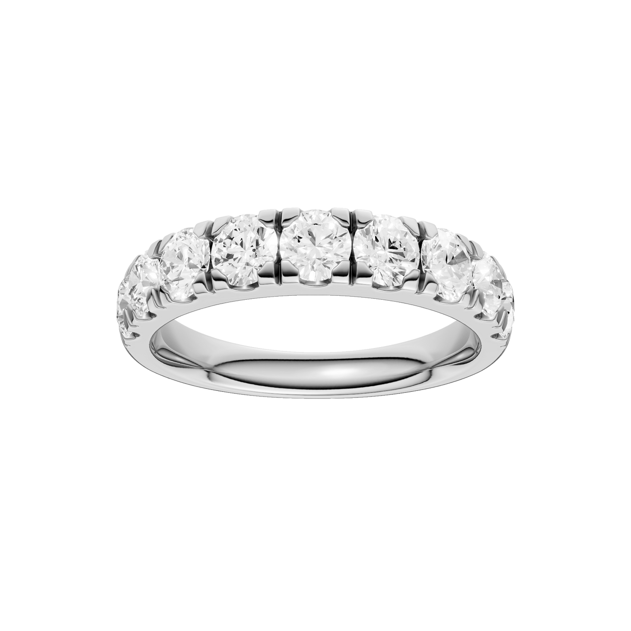 A modern 14k white gold channel-set ring showcasing a continuous row of premium round-cut lab-grown diamonds.