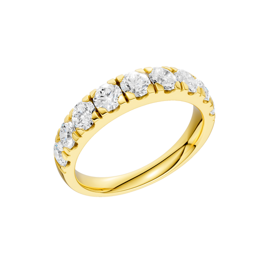 A sleek 14k yellow gold wedding band featuring 1.5 total carats of round-cut lab-grown diamonds in a secure channel-set 2/3 eternity style.