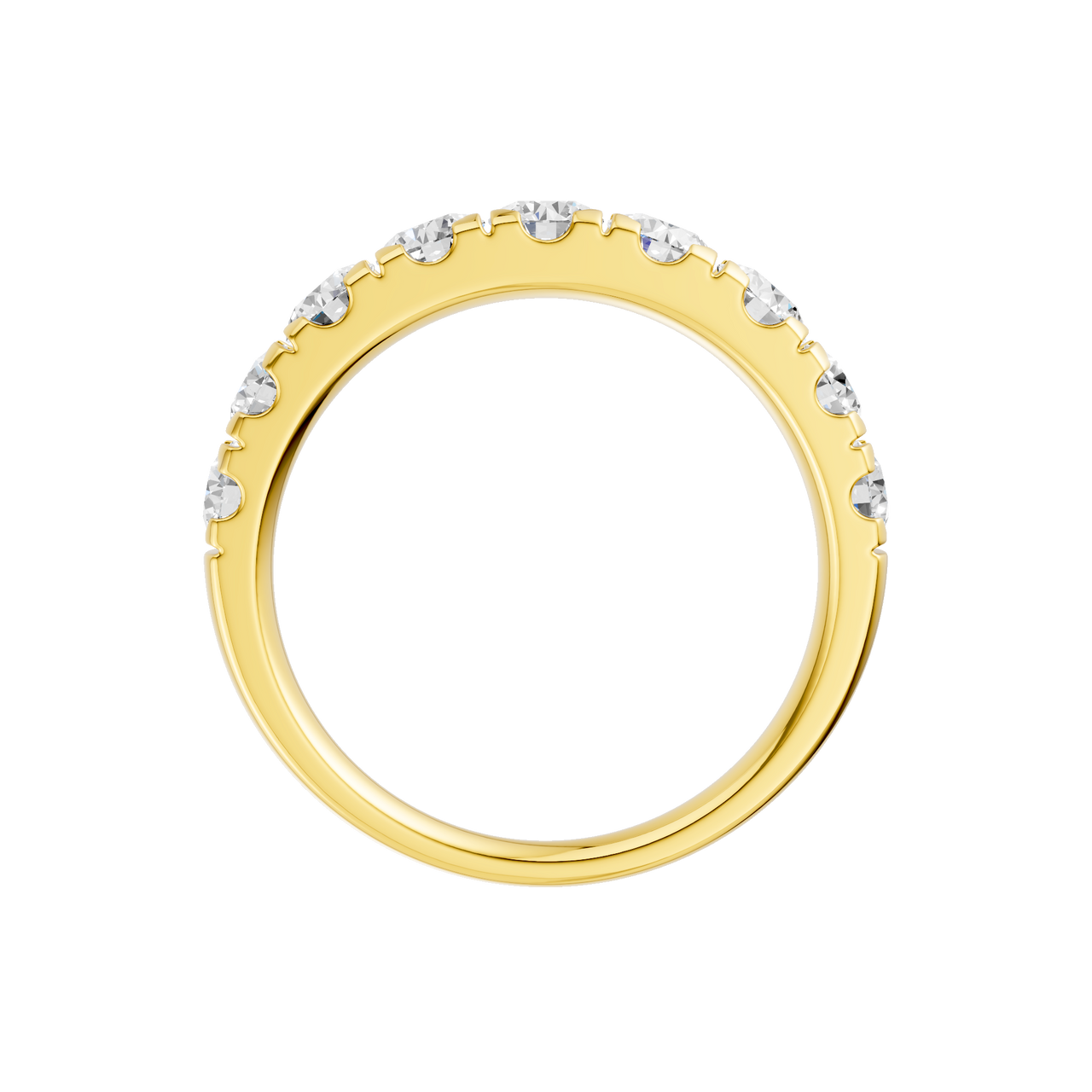 A sleek 14k yellow gold wedding band featuring 1.5 total carats of round-cut lab-grown diamonds in a secure channel-set 2/3 eternity style.