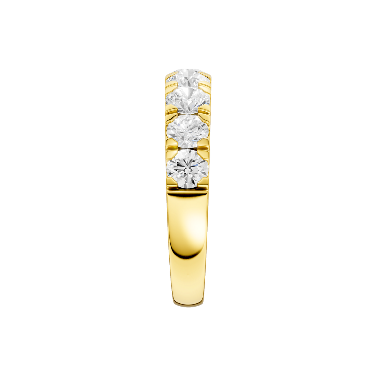 A sleek 14k yellow gold wedding band featuring 1.5 total carats of round-cut lab-grown diamonds in a secure channel-set 2/3 eternity style.