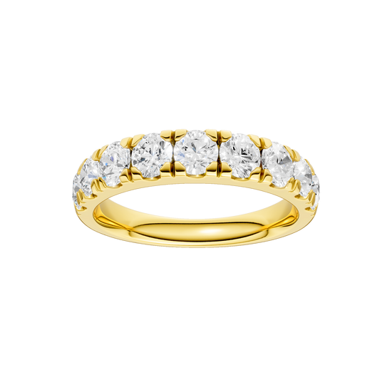 A sleek 14k yellow gold wedding band featuring 1.5 total carats of round-cut lab-grown diamonds in a secure channel-set 2/3 eternity style.