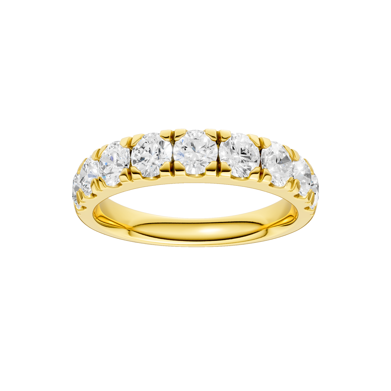 A sleek 14k yellow gold wedding band featuring 1.5 total carats of round-cut lab-grown diamonds in a secure channel-set 2/3 eternity style.
