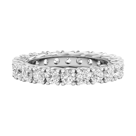 A brilliant 14k white gold eternity ring showcasing a continuous circle of premium round-cut diamonds in a modern twist-prong setting.