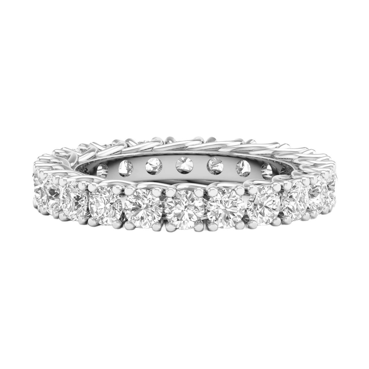 A brilliant 14k white gold eternity ring showcasing a continuous circle of premium round-cut diamonds in a modern twist-prong setting.